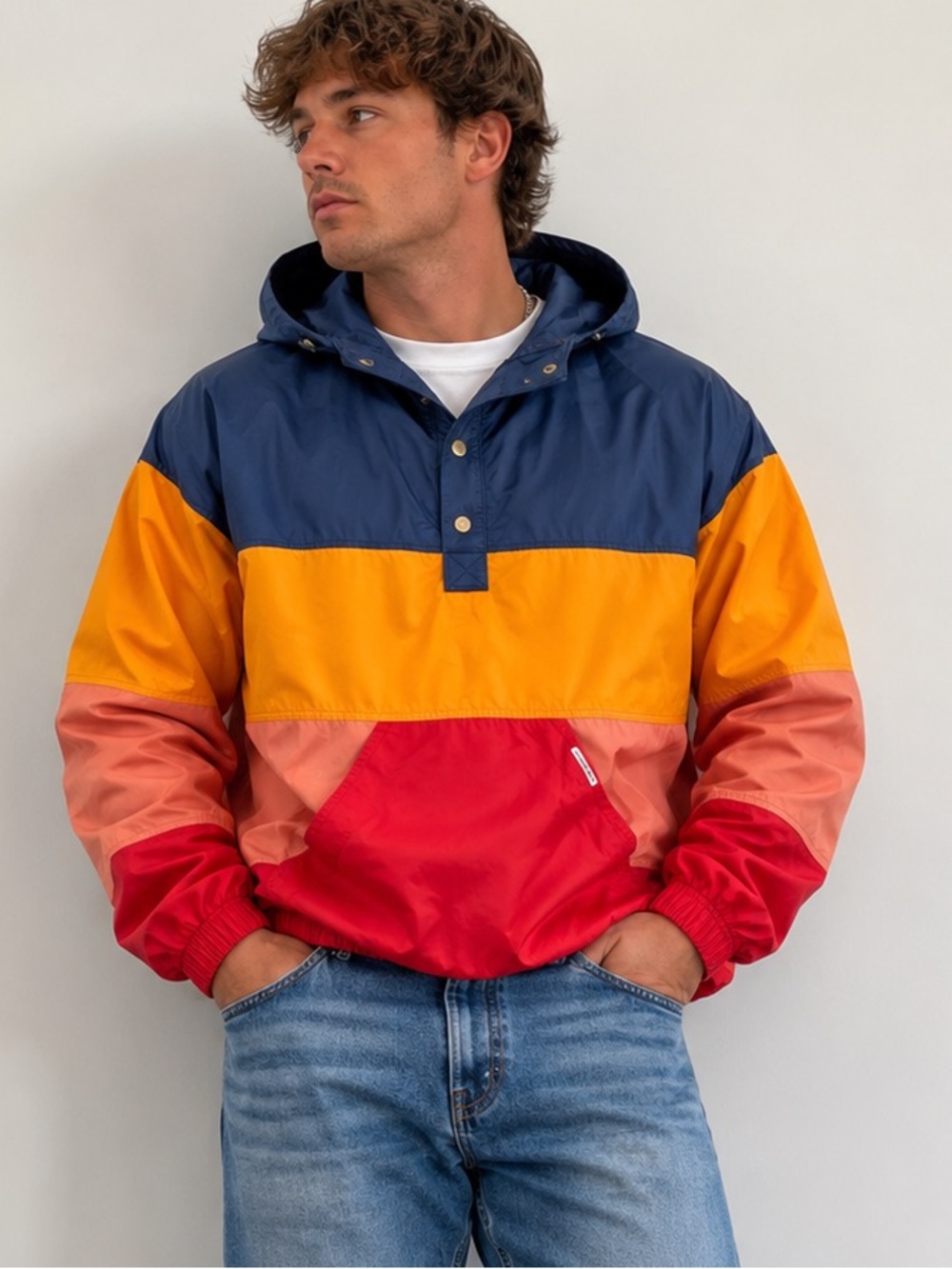Vtg DUNLOP Men's Rainbow Windbreaker and hood 3 Snap Button Sz large